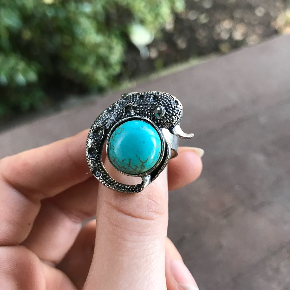 Vintage 90s adjustable ring Silver Dolphin turquoise and hematite